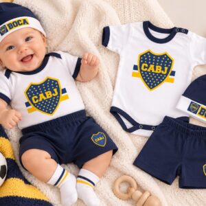 Set 3 piezas manga corta (Body, Short y gorro) “Boca Juniors” Talle Unico (En Blister)