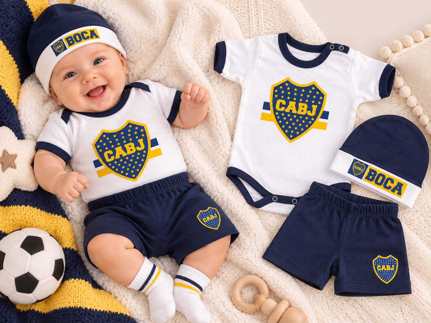 Set 3 piezas manga corta (Body, Short y gorro) “Boca Juniors” Talle Unico (En Blister)