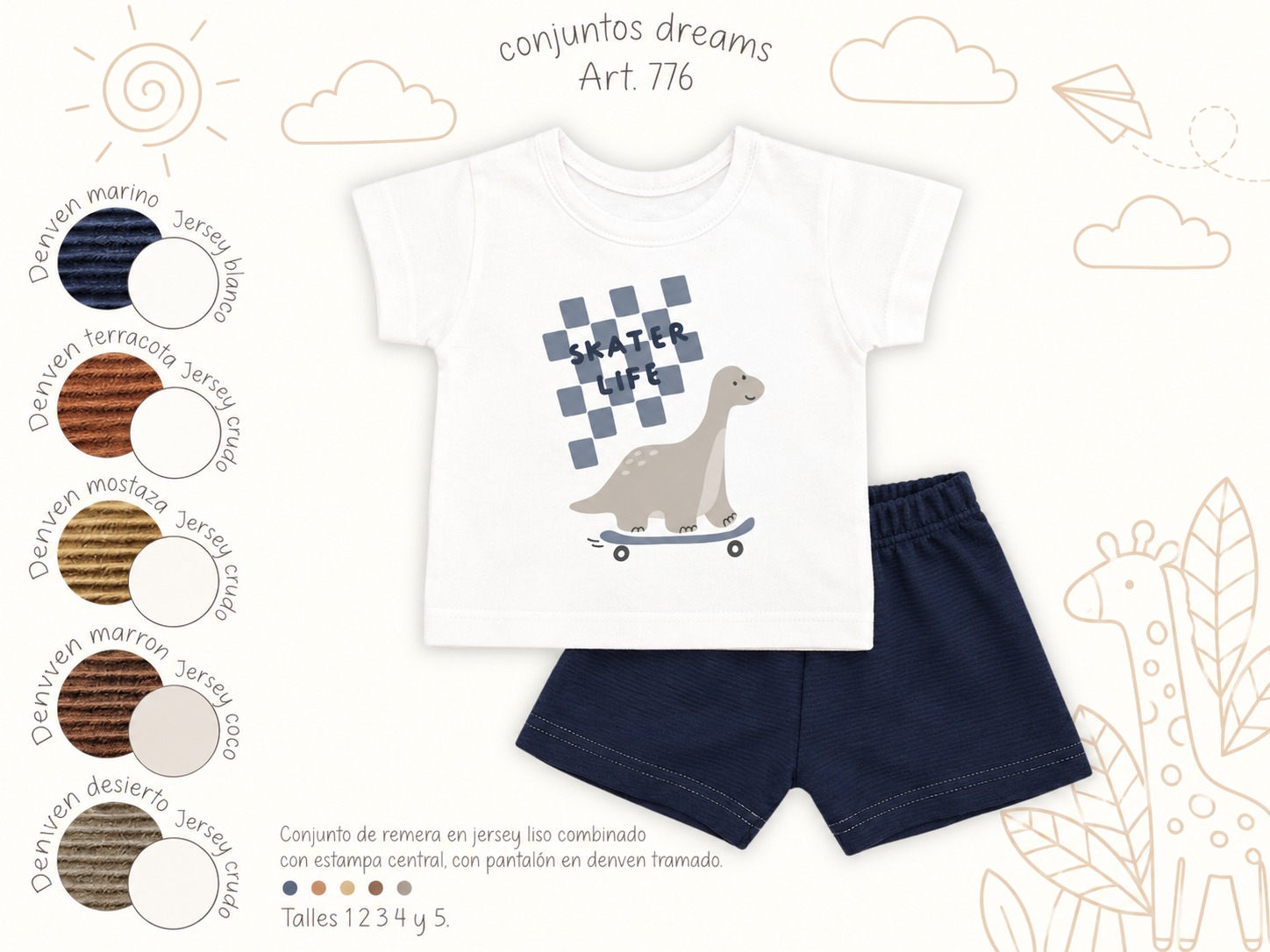 Conjunto Manga Corta Algodon (Remera y Short) “Dreams” T.(1 al 5)(Hasta 3 años) Art.776