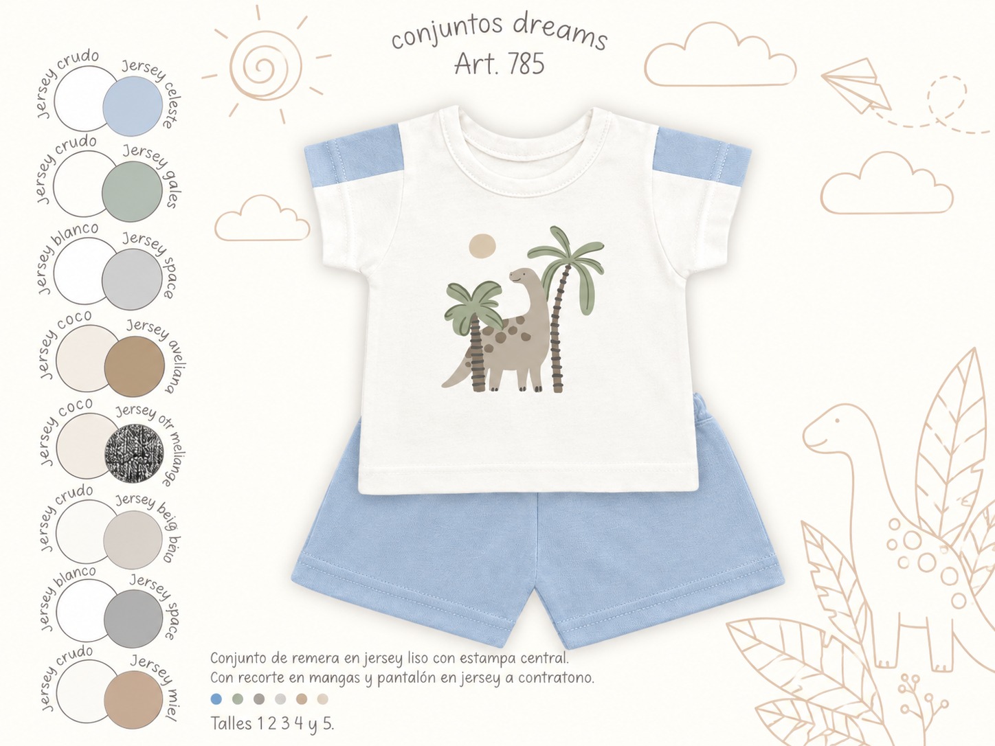 Conjunto Manga Corta Algodon (Remera y Short) “Dreams” T.(1 al 5)(Hasta 3 años) Art.785