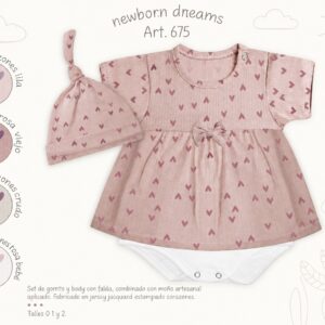 Set en caja 2 piezas (Body Vestido Algodon Con Gorro) “Mini Dreams” T.(0-1-2) Art.675