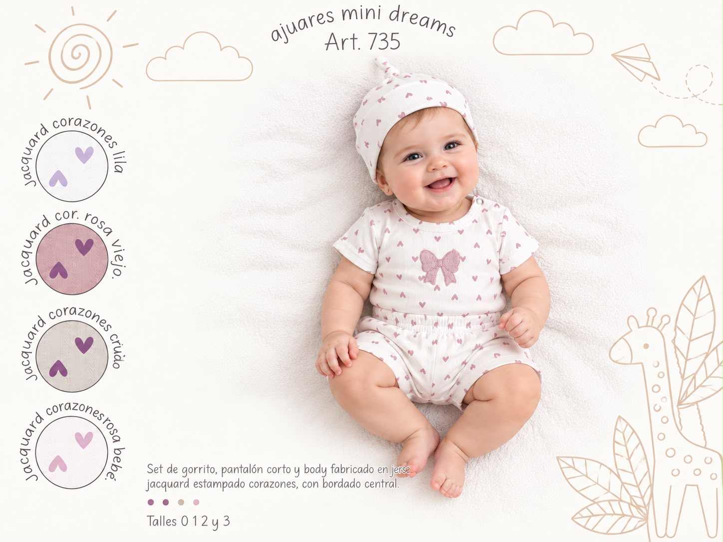 Set 3 piezas en percha estampado (Body, Short y gorro) “Mini Dreams” T.(0 al 3) Art.735