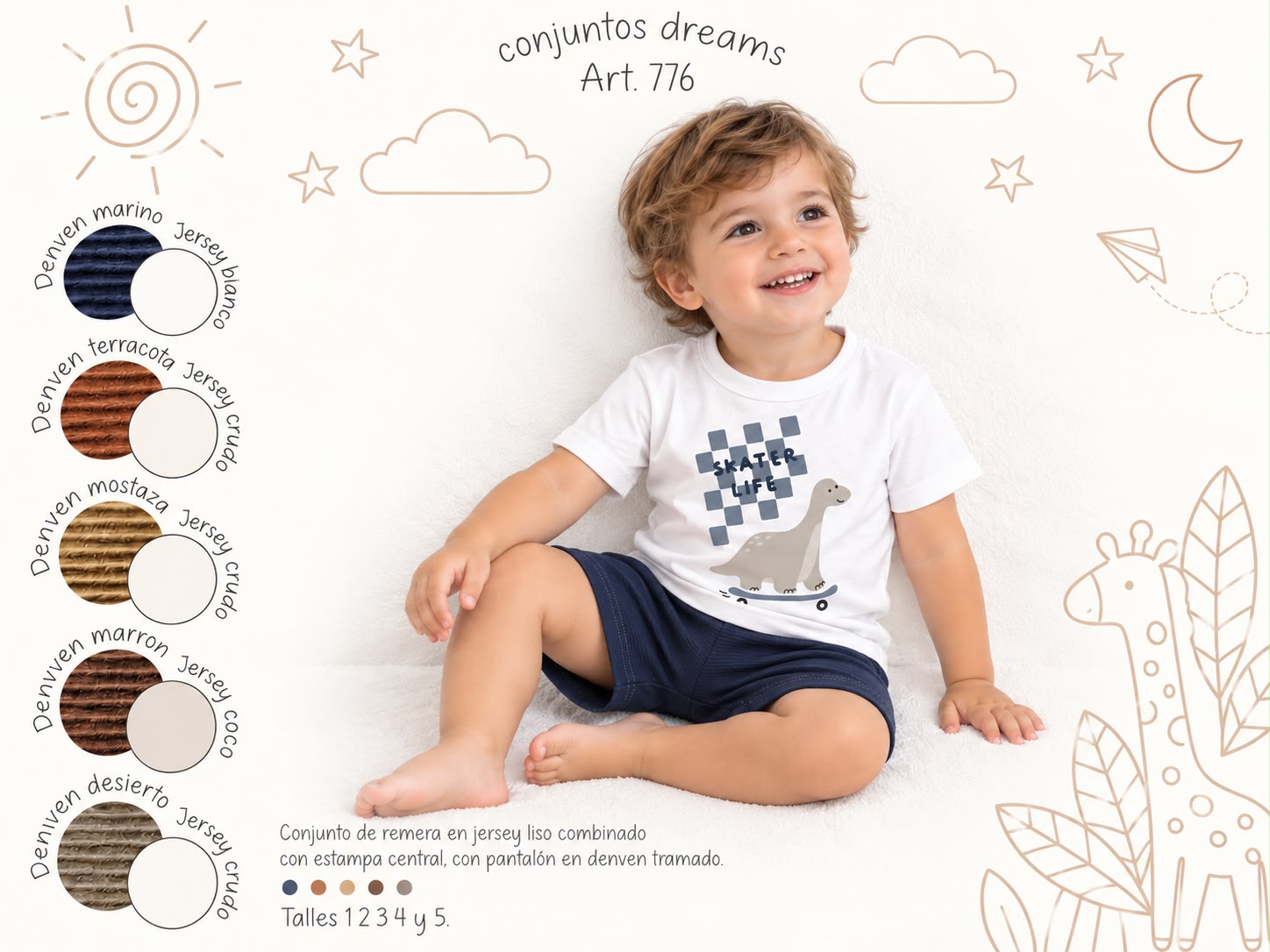 Conjunto Manga Corta Algodon (Remera y Short) “Dreams” T.(1 al 5)(Hasta 3 años) Art.776