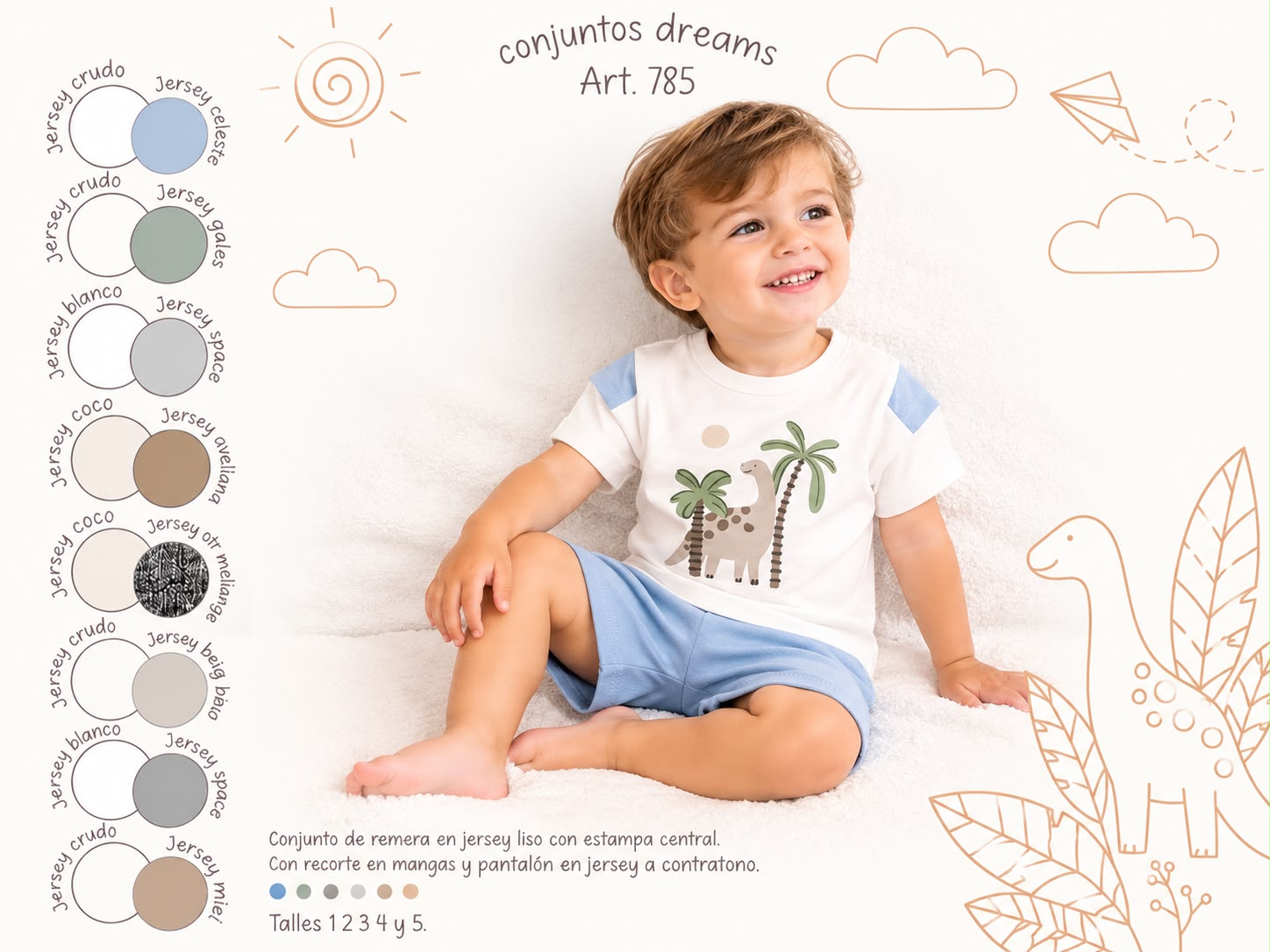 Conjunto Manga Corta Algodon (Remera y Short) “Dreams” T.(1 al 5)(Hasta 3 años) Art.785