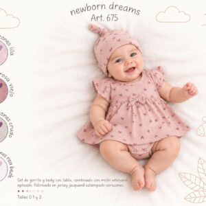Set en caja 2 piezas (Body Vestido Algodon Con Gorro) “Mini Dreams” T.(0-1-2) Art.675