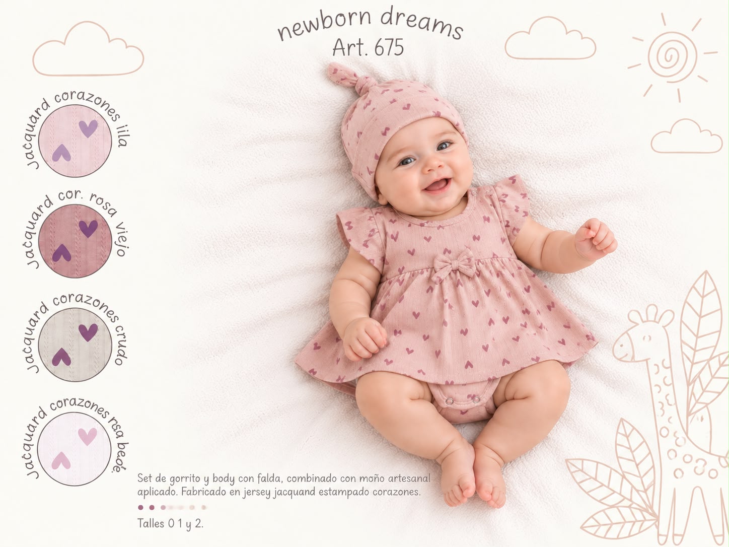 Set en caja 2 piezas (Body Vestido Algodon Con Gorro) “Mini Dreams” T.(0-1-2) Art.675